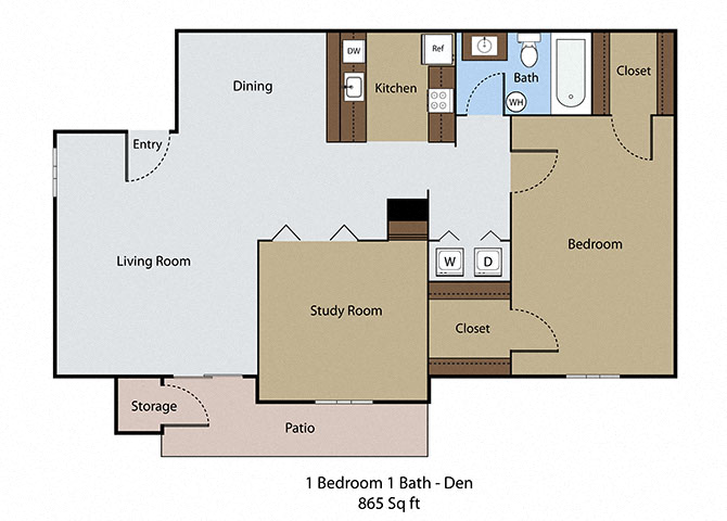 Floor plan for 2 beds, 1 bath, 865 sqft